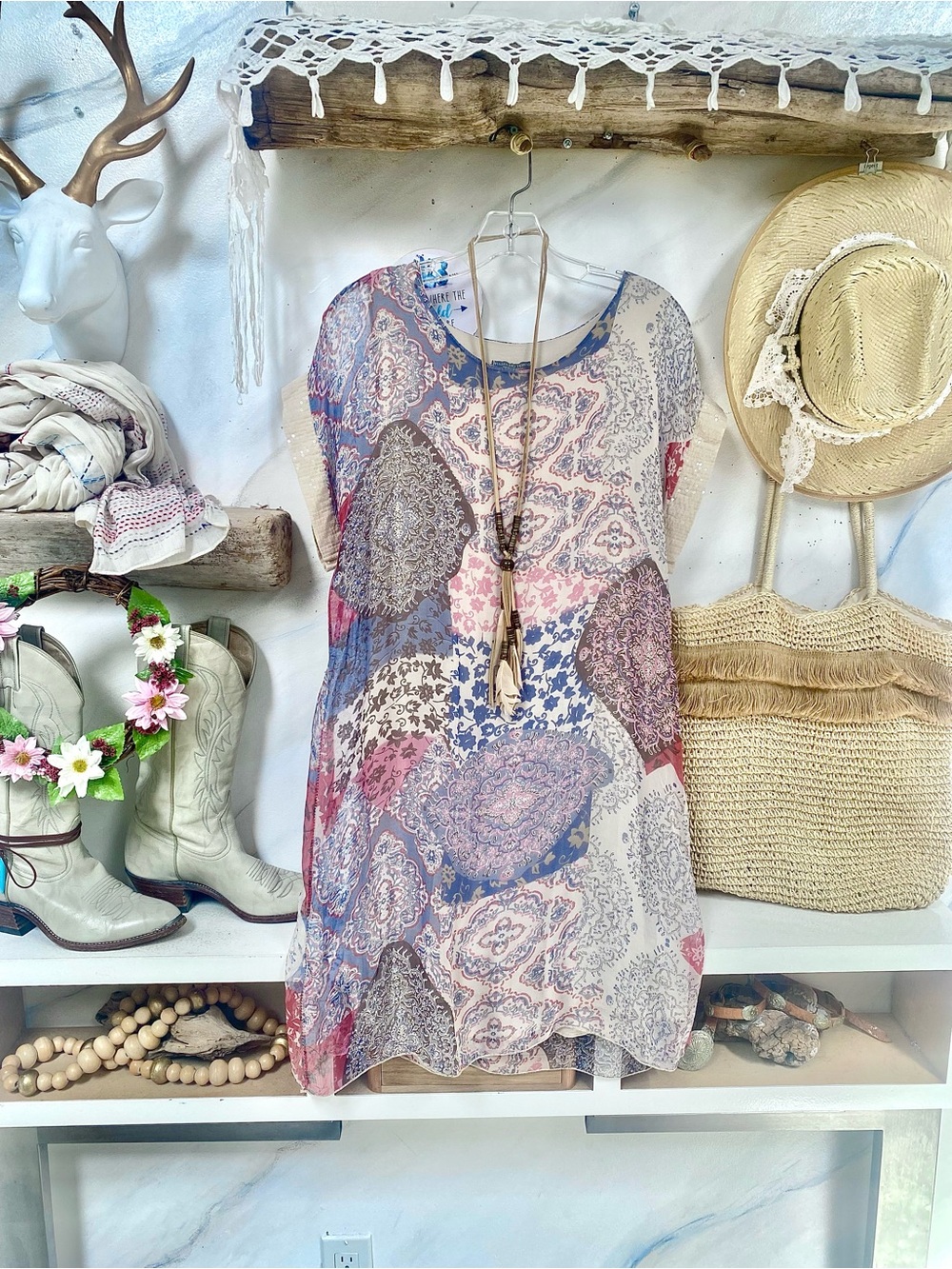 Italian Semi sheer Silk BOHO dress w sequence detailing shabby chic vacay vibe